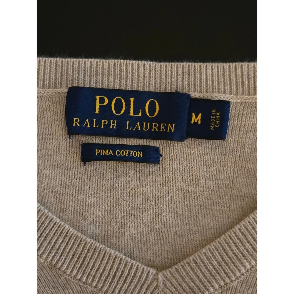 Polo Ralph Lauren Mens Medium Sweater Pima Cotton V-Neck Tan Beige Pony Logo